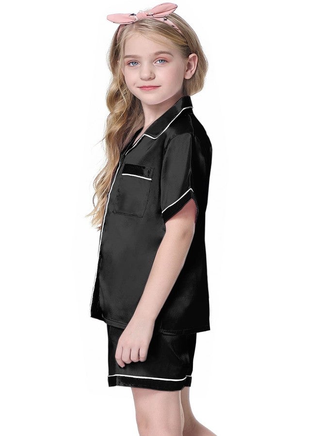 Schbbbta Kids Satin Pajamas, 2 Pcs Sleepwear Short Sleeve Silk Satain Summer Pajama Set for Teen Girls and Boys, Dark Black, 11-12 Years = Tag 160 - Image 3